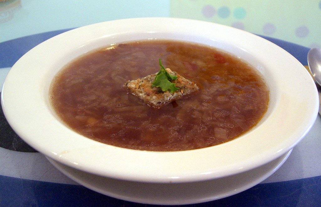 French Onion Soup with King Island Dairy Discovery Hot Waxed Blue Cheese Crouton